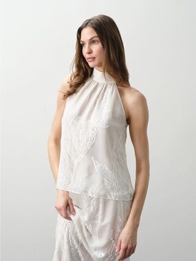NWT - NakedCashmere - CASSIA FLORAL SILK CHIFFON HALTER TOP - ECRU